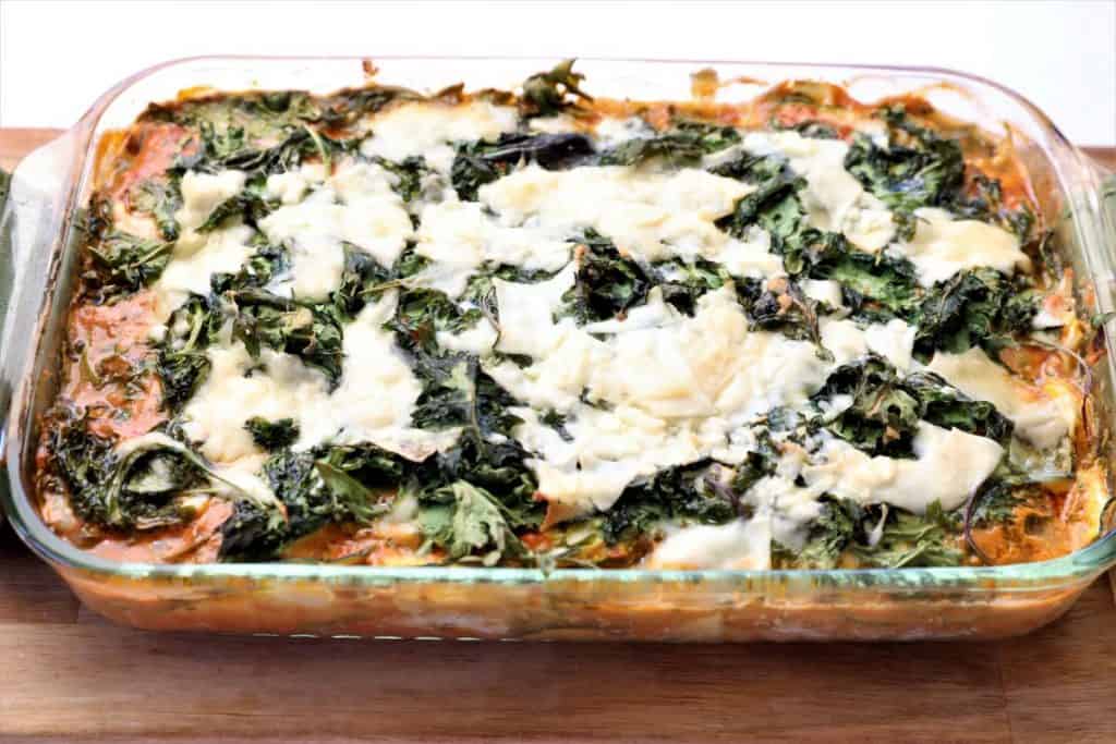 zucchini kale lasagna in a baking dish after baking