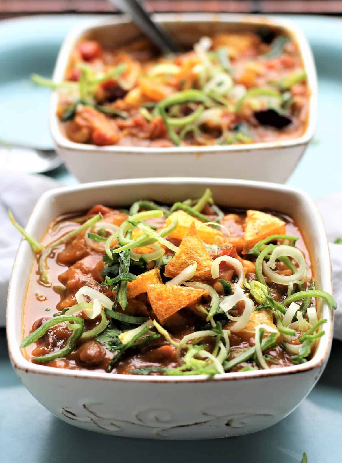 Vegan Pumpkin Chili With Polenta Croutons