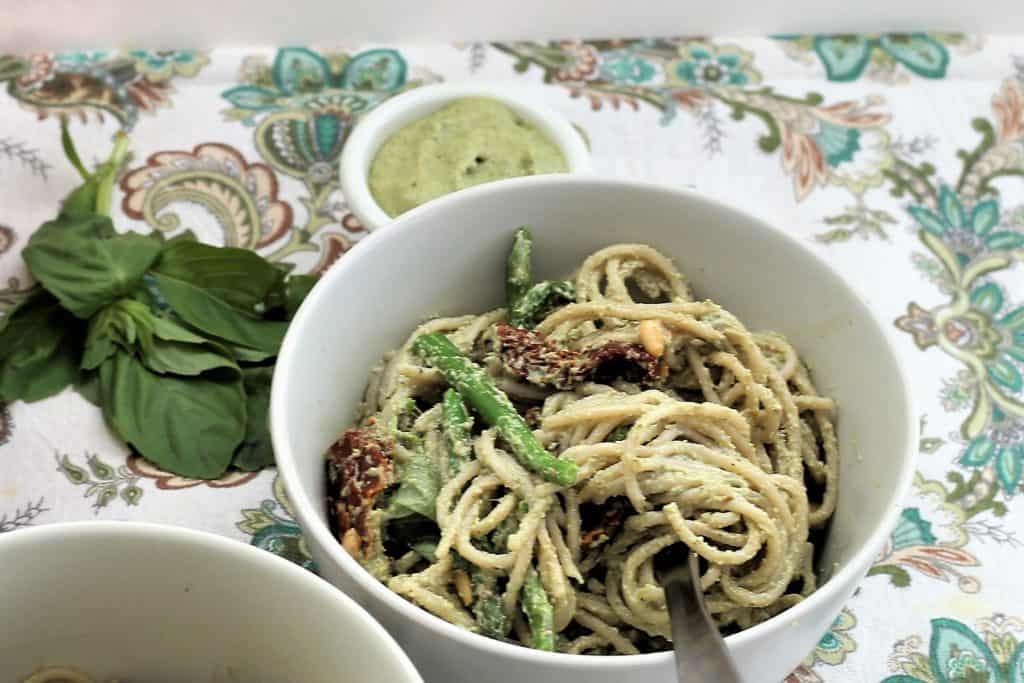 Basil Pesto Pasta With Sun Dried Tomatoes and Asparagus