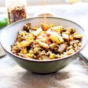 Quinoa Potato Corn Scramble With Grilled Pepper Chile Sauce