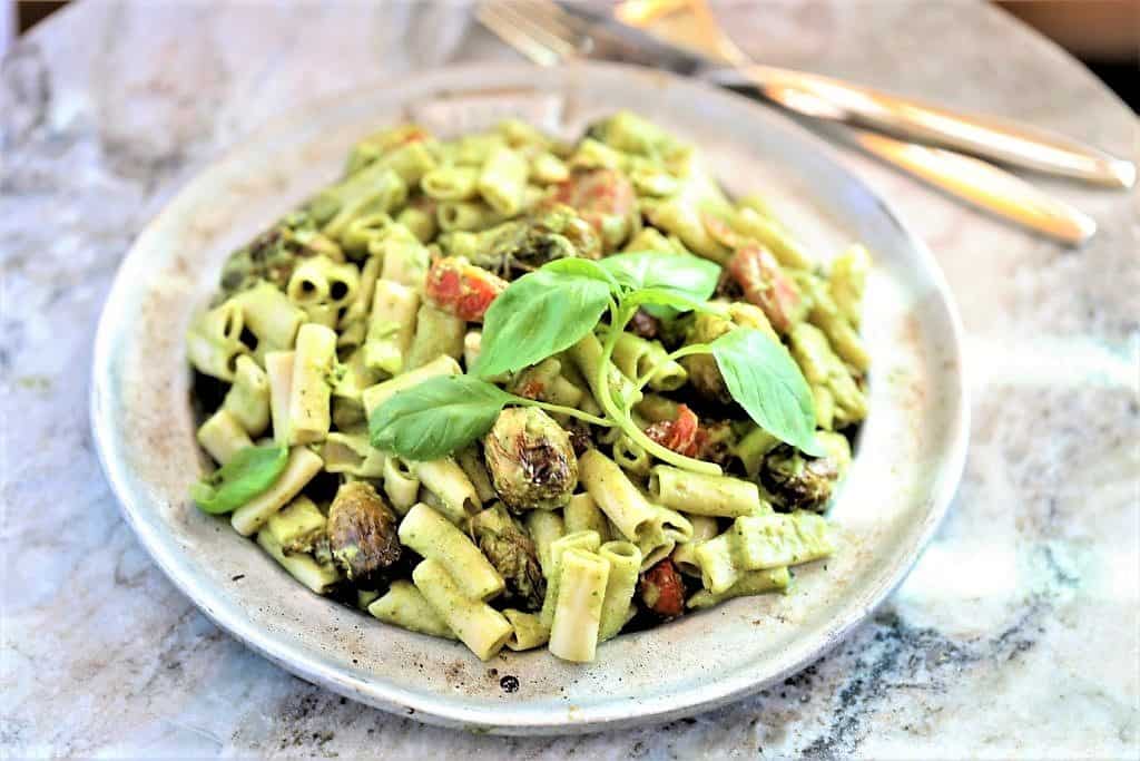 Roasted Tomato and Brussel Sprouts Pasta With Pesto