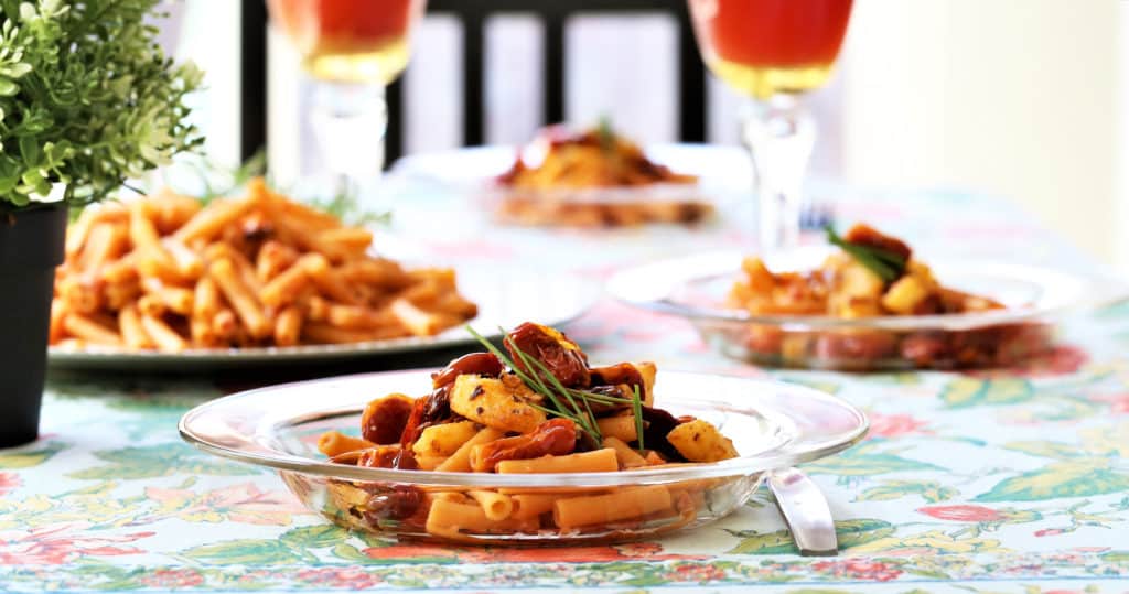 lentil pasta with red pepper polenta