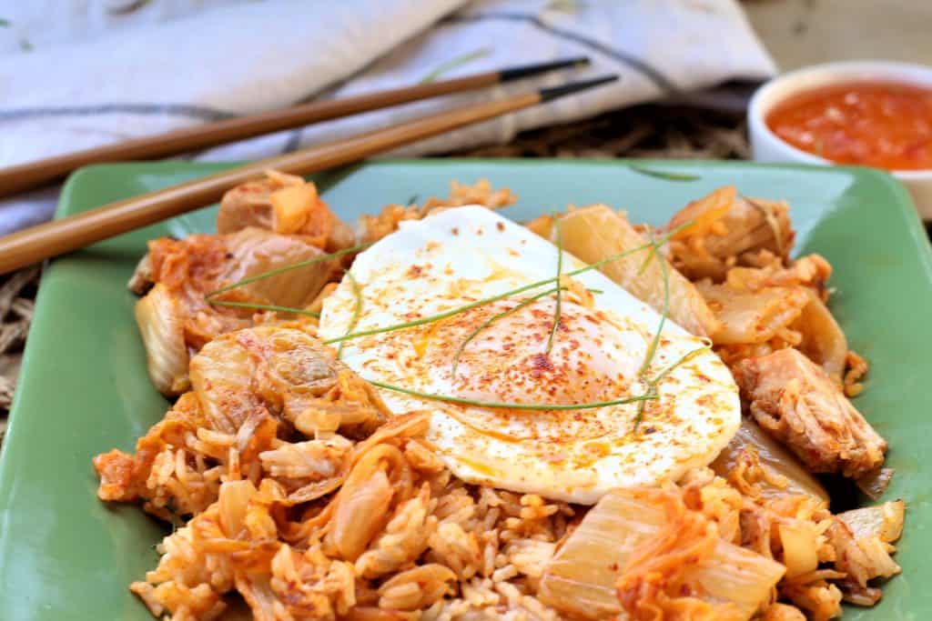 jackfruit kimchi fried rice served with a fried egg on top