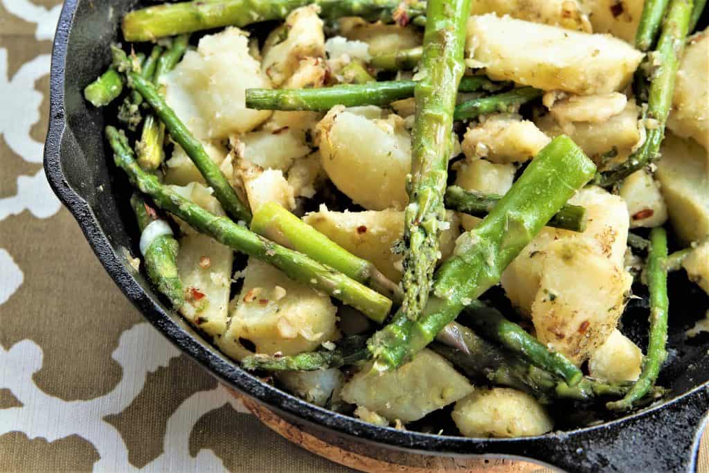 Asparagus and Potatoes cooked in a skillet