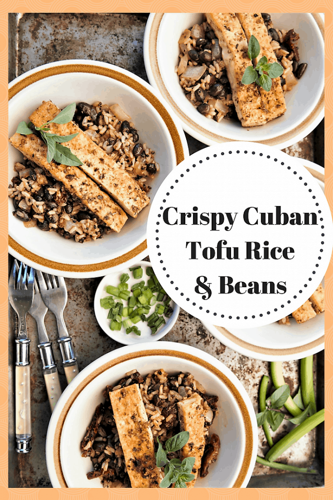 three servings of crispy cuban tofu rice and beans in white bowls with text overlay