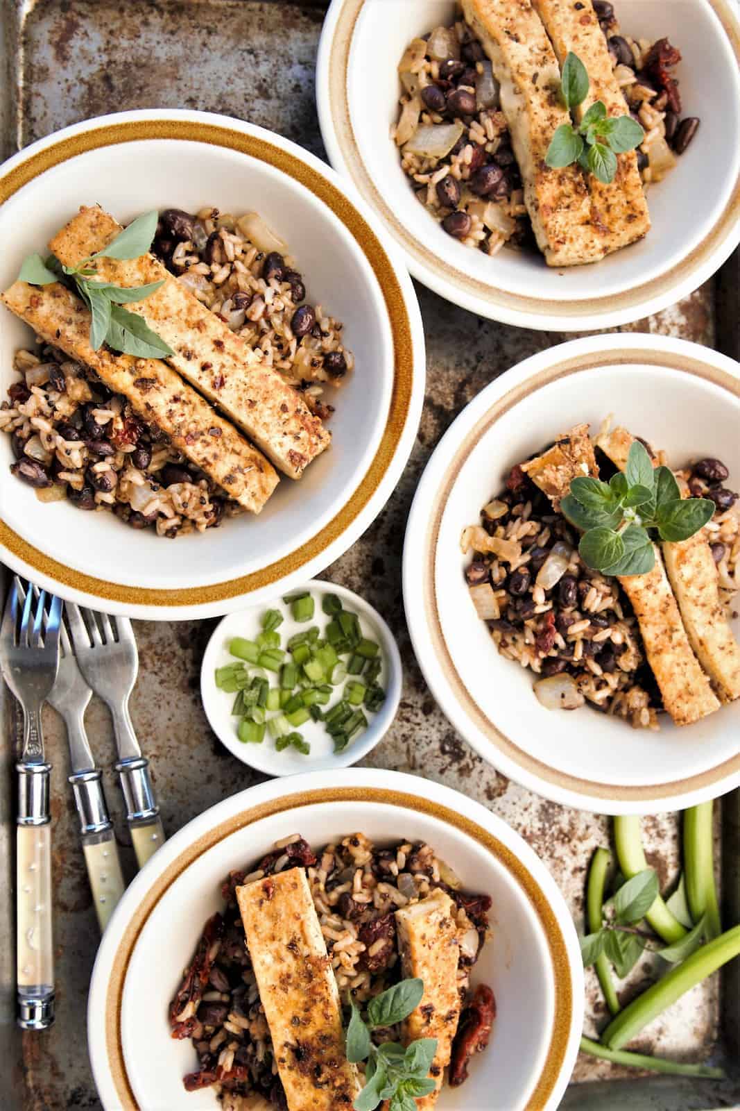 Crispy Cuban Tofu Rice and Beans. Spicy,crispy incredibly delicious.