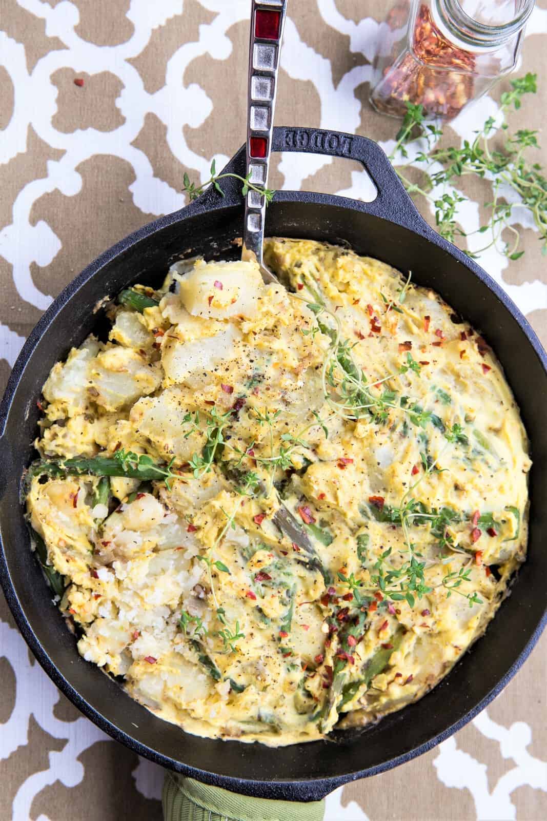 Vegan Asparagus Potato Frittata, delicious egg free vegan dish in 30 min