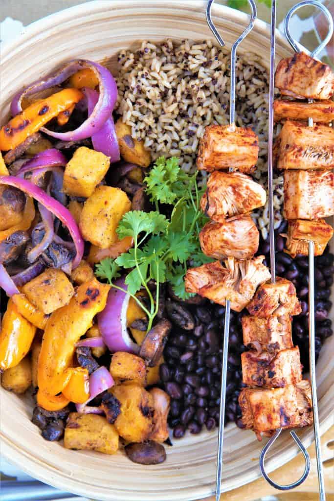 Chile Lime Jackfruit Bowl with skewers and vegetables