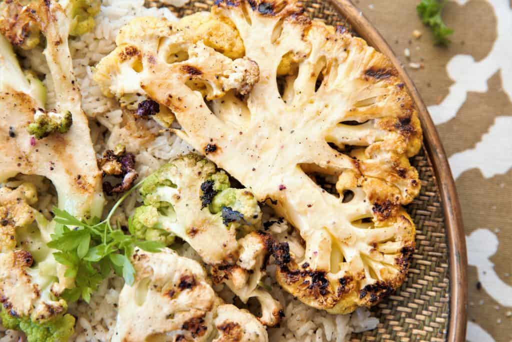 Grilled cauliflower on bed of rice