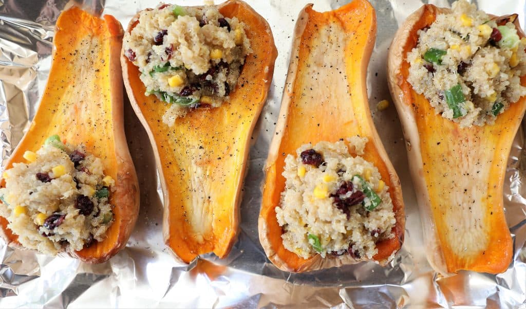 Stuff squash with quinoa mixture. Bake for 30 minutes at 375 degrees