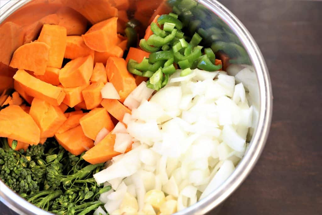sweet potato, onion, broccoli, and chile in instant pot