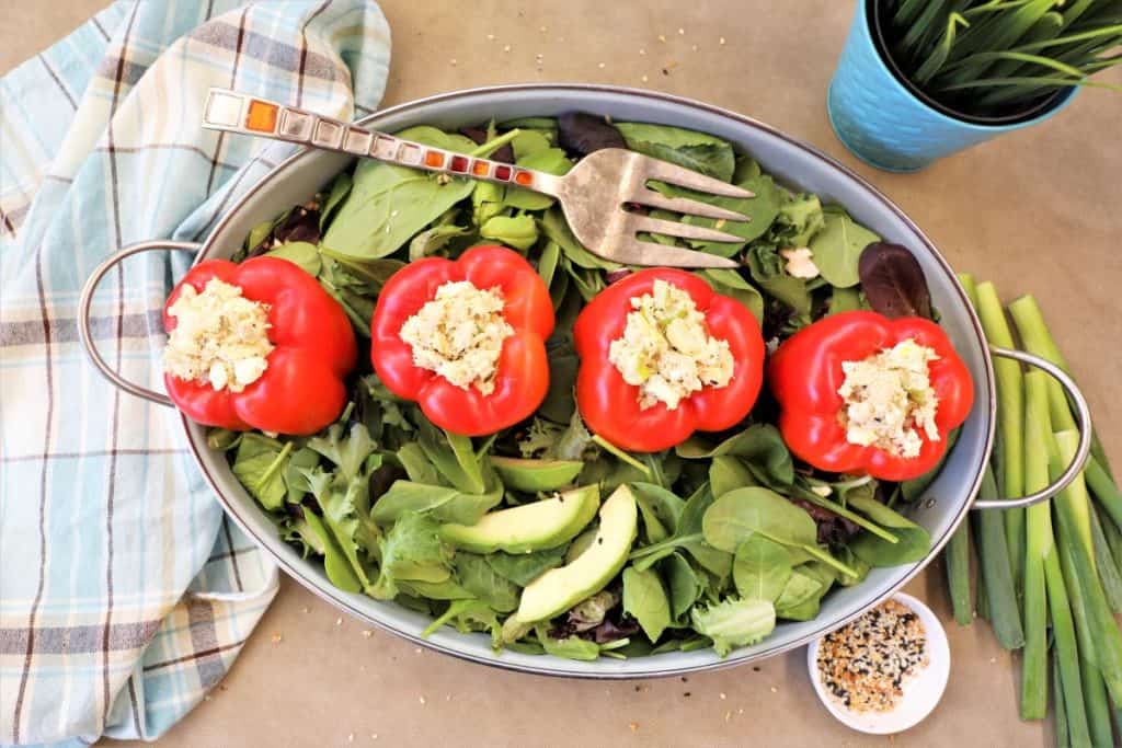 4 Tuna Egg Salad Stuffed Peppers on bed of greens