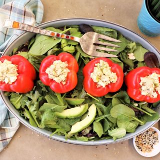 4 Tuna Egg Salad Stuffed Peppers on bed of greens