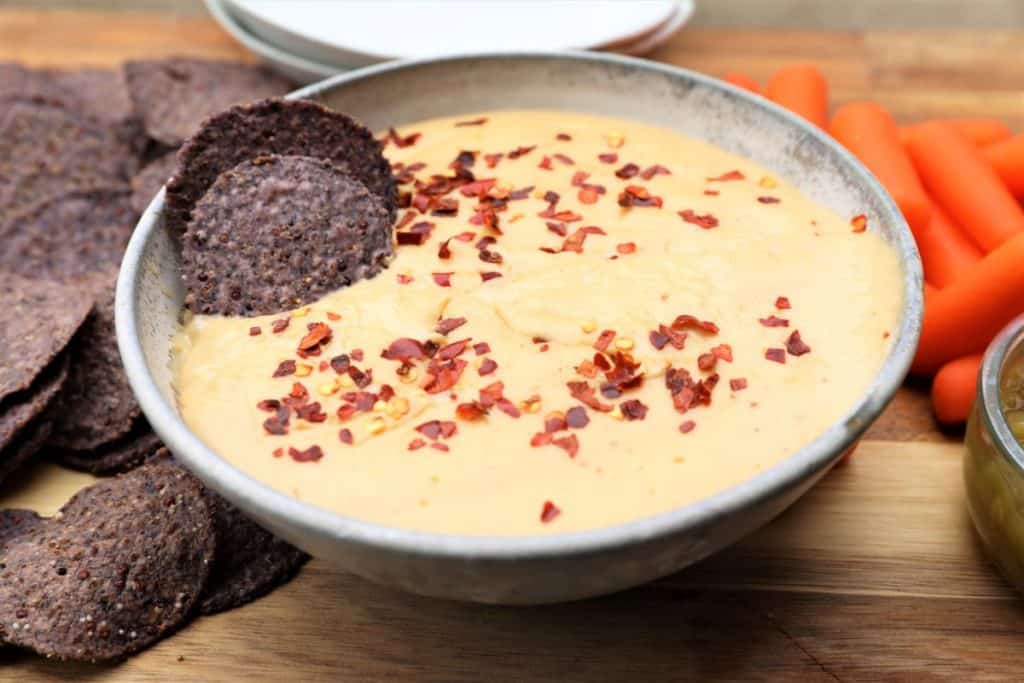 homemade vegan queso dip with chip