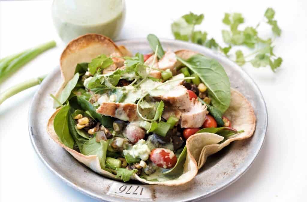 Grilled Chicken Taco Sald with cilantro dressing