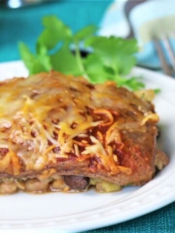 vegetarian enchilada casserole on plate with napkin and cilantro